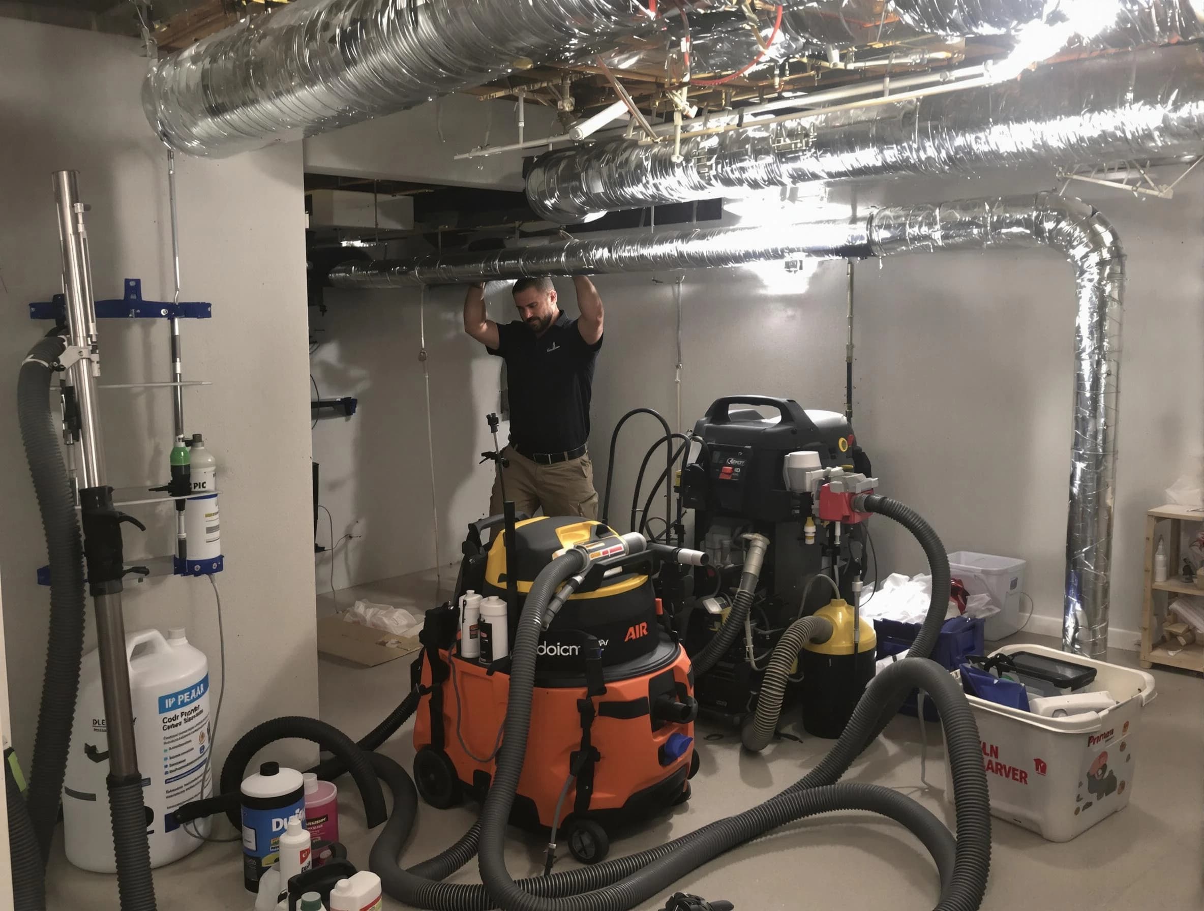 Castle Pines Air Duct Cleaning specialist performing professional mold removal from air ducts using safety equipment in Castle Pines
