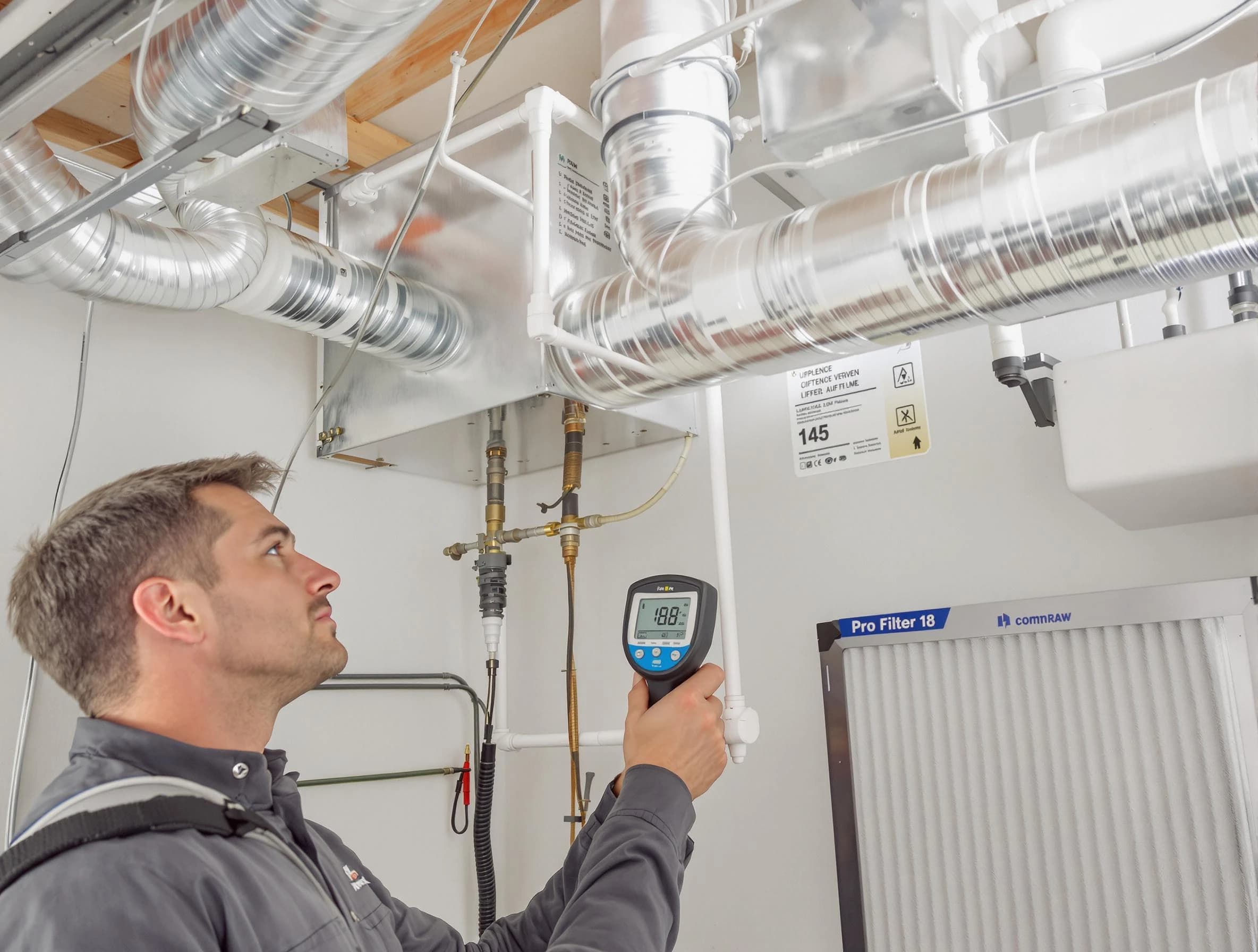 Castle Pines Air Duct Cleaning expert conducting detailed filter system inspection using diagnostic tools in Castle Pines