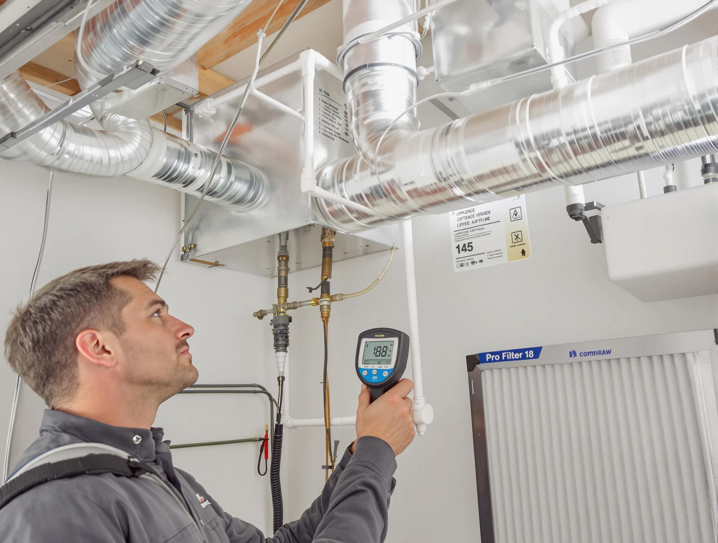 Castle Pines Air Duct Cleaning expert conducting detailed filter system inspection using diagnostic tools in Castle Pines